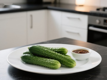 厨房台面上的黄瓜与酱料