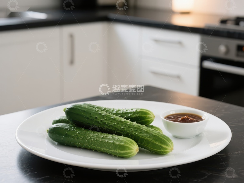 高清大图下载【趣麦麦图】厨房台面上的黄瓜与酱料