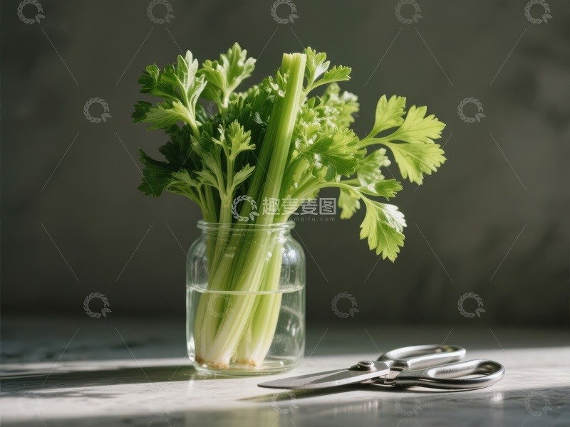 新鲜芹菜置于玻璃瓶中