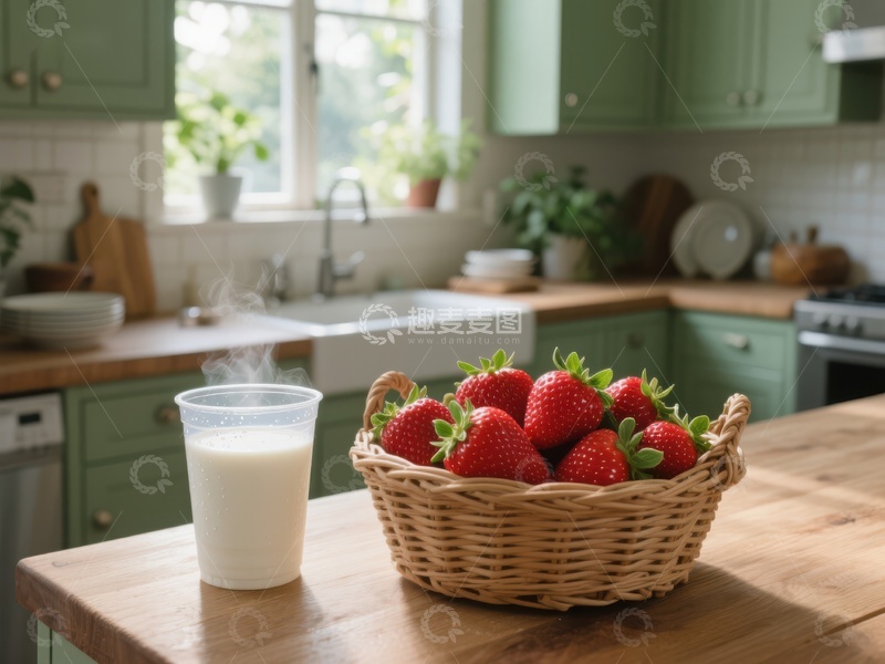 高清大图下载【趣麦麦图】厨房台面上的草莓篮与牛奶杯