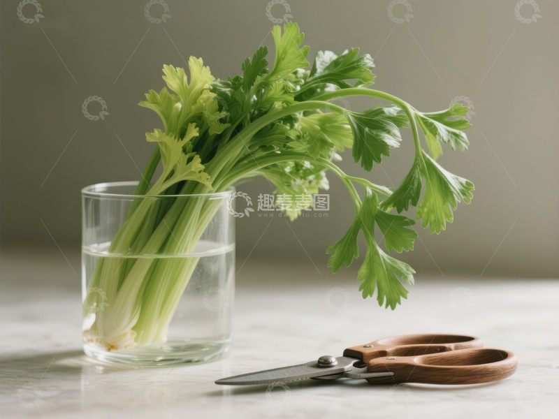 水培芹菜与剪刀静物图