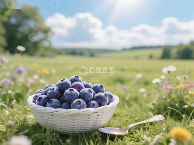 高清大图下载【趣麦麦图】蓝莓篮置于花田中，阳光明媚