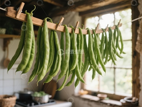 厨房中悬挂的绿色豆角