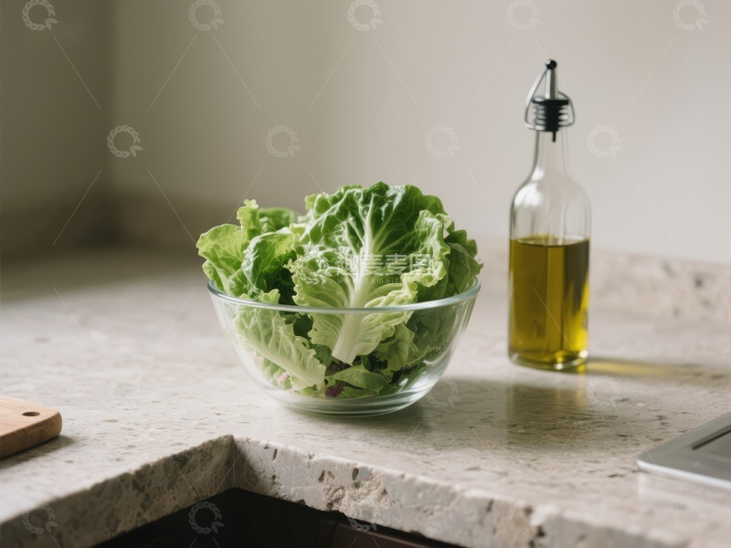 高清大图下载【趣麦麦图】新鲜生菜与橄榄油瓶置于厨房台面