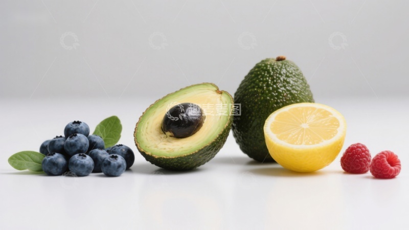 高清大图下载【趣麦麦图】新鲜水果组合：牛油果、蓝莓、柠檬与覆盆子