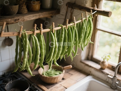 厨房晾晒的绿色豆角