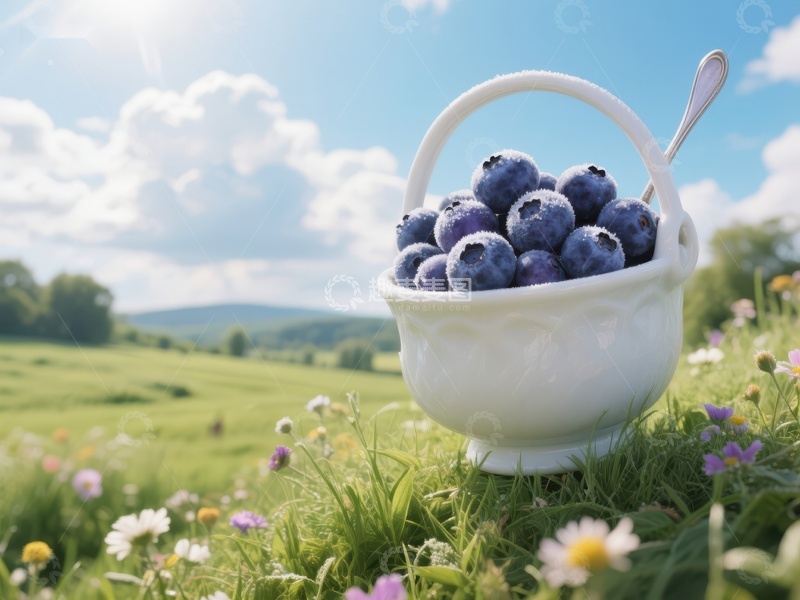 高清大图下载【趣麦麦图】蓝莓满溢白瓷碗，田园风光映蓝天