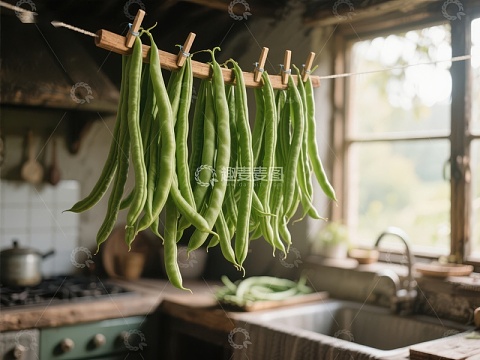 厨房悬挂的绿色豆荚