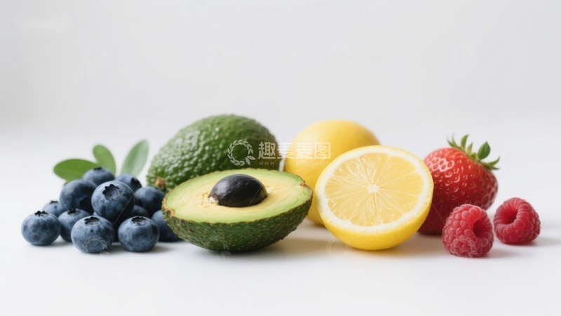 高清大图下载【趣麦麦图】新鲜水果组合：牛油果、蓝莓、柠檬与草莓