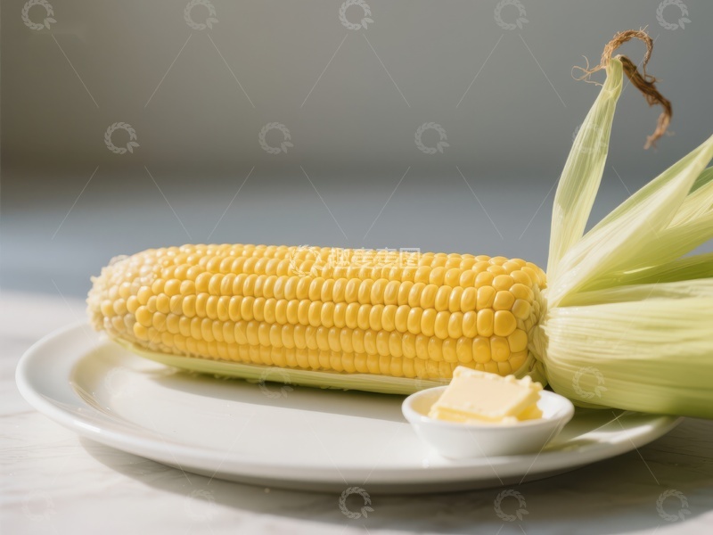 高清大图下载【趣麦麦图】新鲜玉米配黄油，置于白色盘中