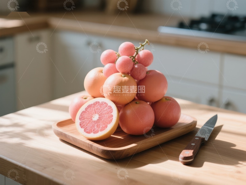 高清大图下载【趣麦麦图】新鲜葡萄柚堆叠在厨房台面上