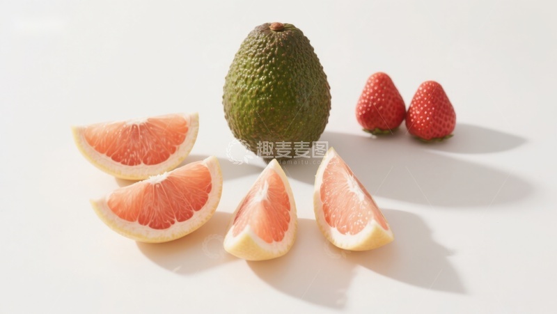 高清大图下载【趣麦麦图】新鲜水果组合：葡萄柚、牛油果与草莓