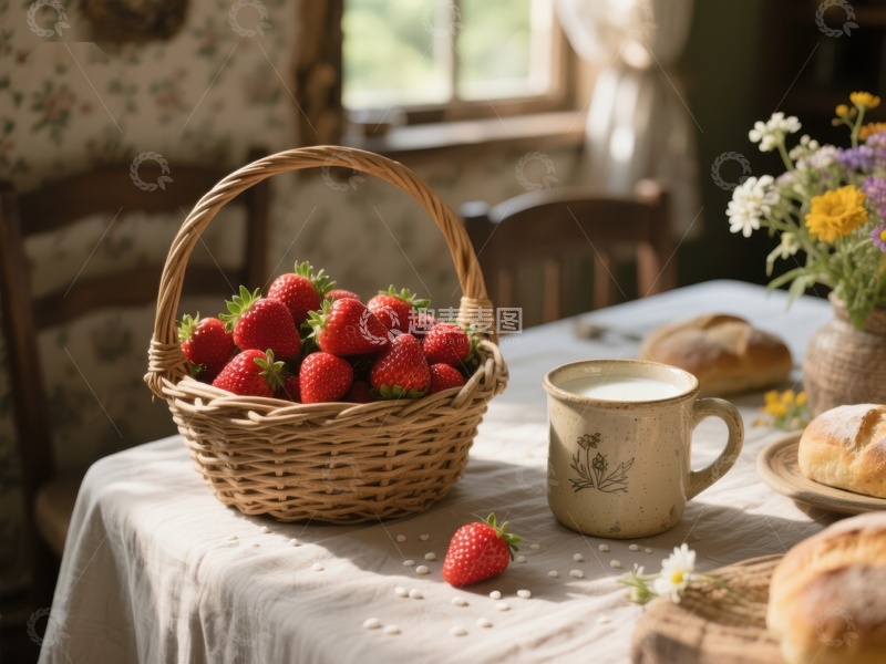 高清大图下载【趣麦麦图】篮子装满草莓的温馨餐桌