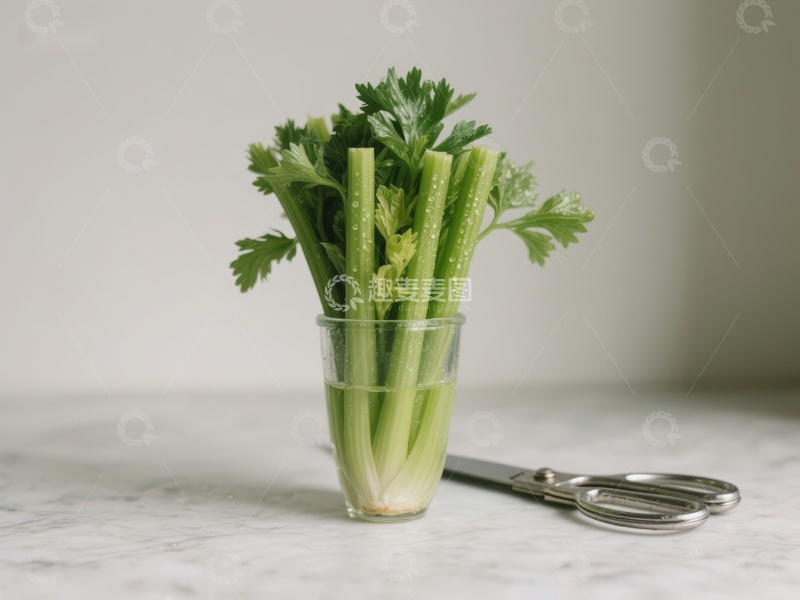 新鲜芹菜置于玻璃杯中
