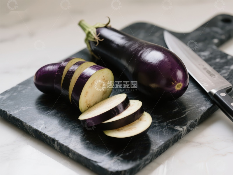 高清大图下载【趣麦麦图】切片茄子与刀具置于石板上