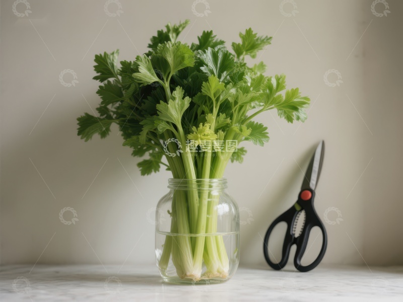 高清大图下载【趣麦麦图】芹菜置于玻璃瓶中，旁配剪刀