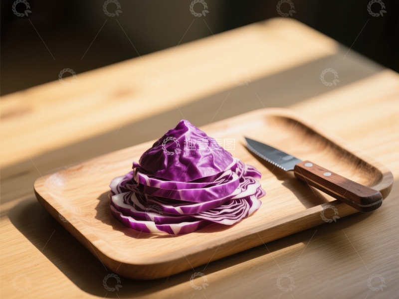 高清大图下载【趣麦麦图】切片紫甘蓝与刀具置于木盘