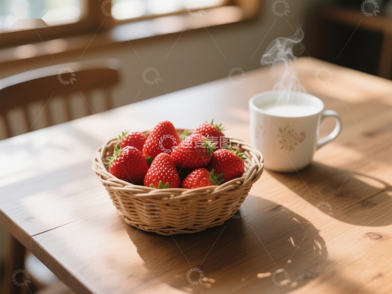 高清大图下载【趣麦麦图】草莓篮与热饮，温馨早餐时光