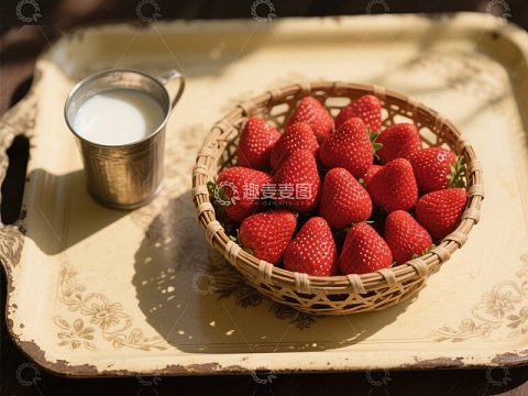 草莓篮与牛奶杯置于复古托盘