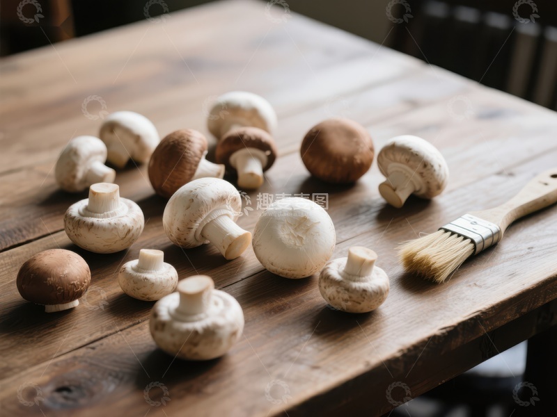 高清大图下载【趣麦麦图】新鲜蘑菇排列在木质桌面上