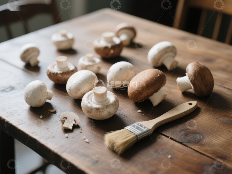 高清大图下载【趣麦麦图】蘑菇与刷子置于木质桌面