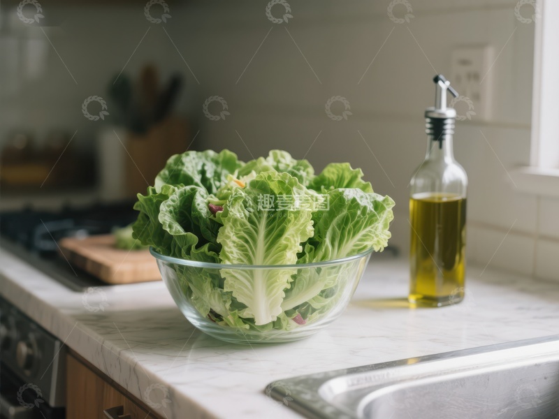 高清大图下载【趣麦麦图】厨房台面上的生菜与橄榄油