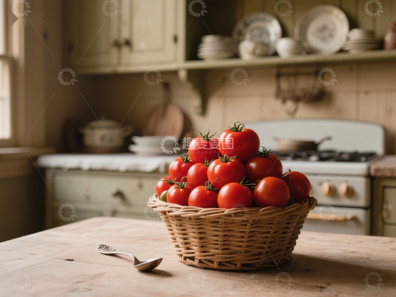 高清大图下载【趣麦麦图】厨房桌上篮装新鲜番茄