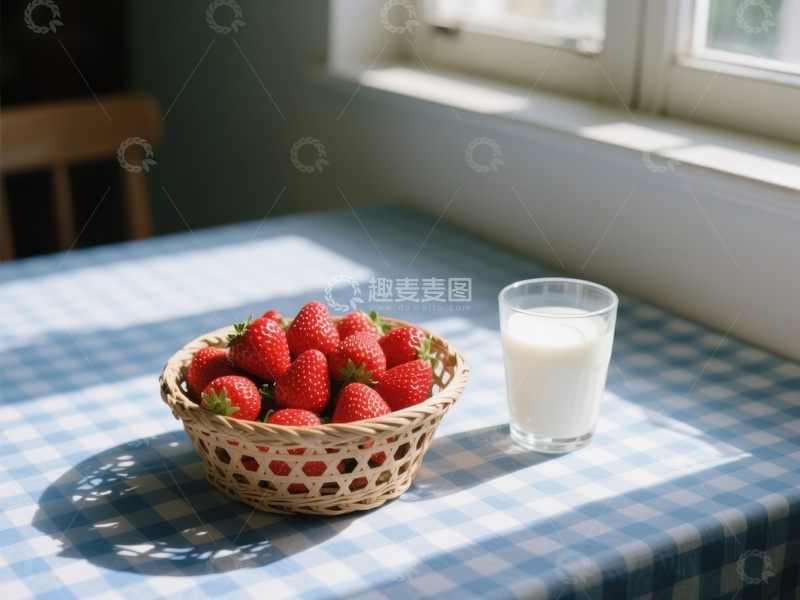 高清大图下载【趣麦麦图】草莓与牛奶，阳光下的早餐
