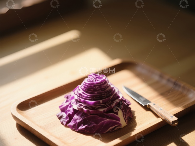 高清大图下载【趣麦麦图】切片紫甘蓝置于木质砧板