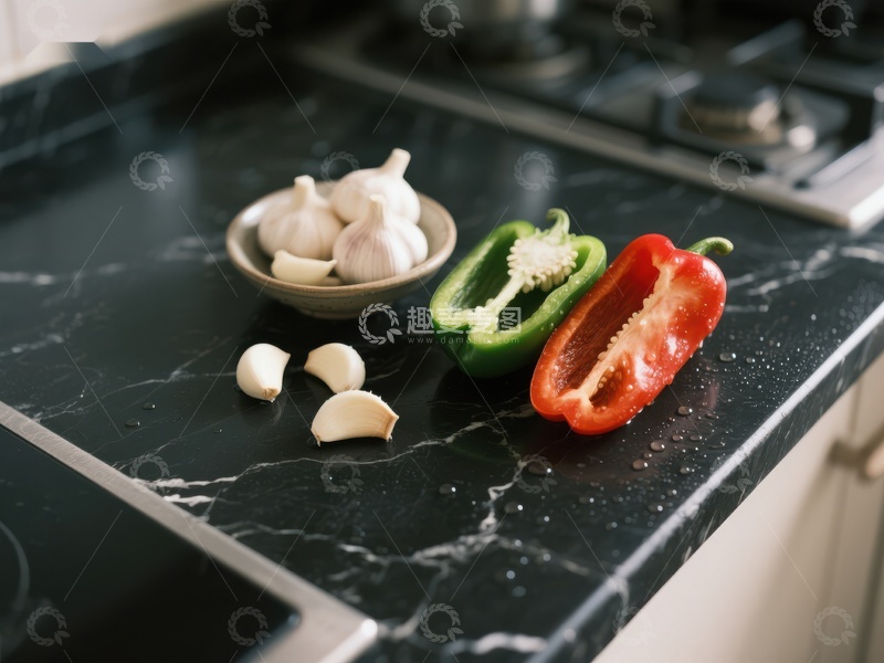 高清大图下载【趣麦麦图】厨房台面上的切开的彩椒和大蒜