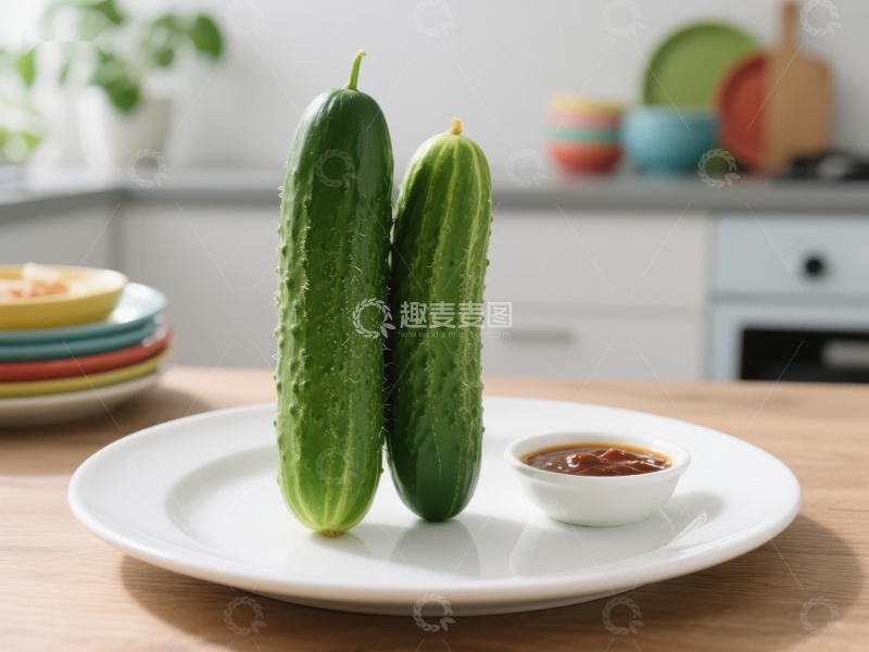 高清大图下载【趣麦麦图】两根黄瓜与蘸酱盘置于厨房