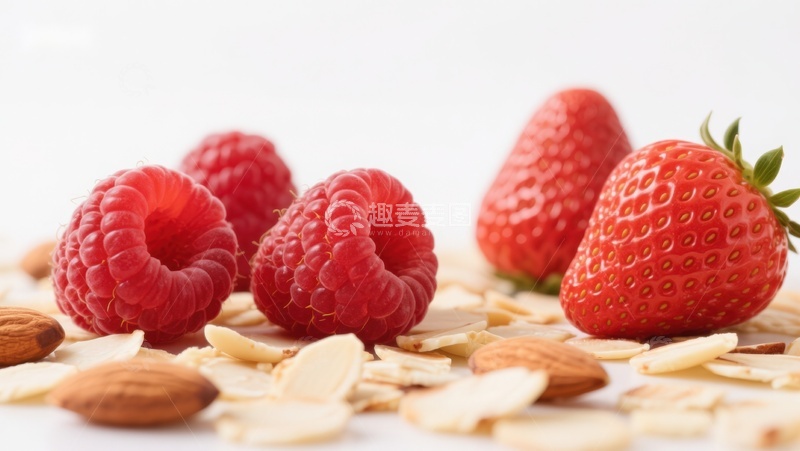 高清大图下载【趣麦麦图】新鲜草莓与覆盆子配杏仁片