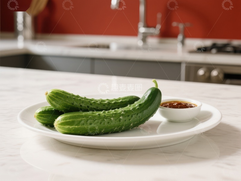 高清大图下载【趣麦麦图】-盘中黄瓜配酱料，厨房背景