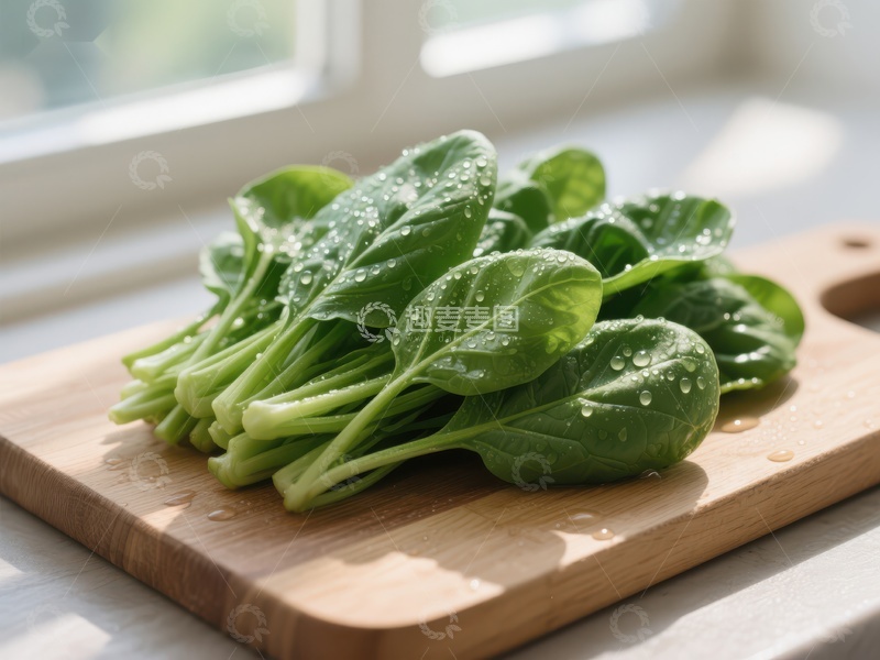 高清大图下载【趣麦麦图】新鲜菠菜置于木质砧板上