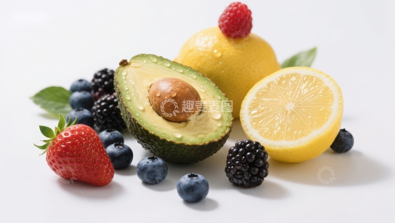 高清大图下载【趣麦麦图】新鲜水果组合：柠檬、牛油果与浆果