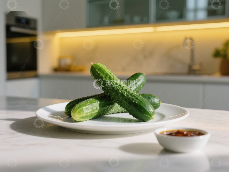 高清大图下载【趣麦麦图】新鲜黄瓜摆盘，厨房背景