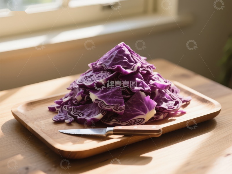 高清大图下载【趣麦麦图】切好的紫甘蓝放在木质砧板上