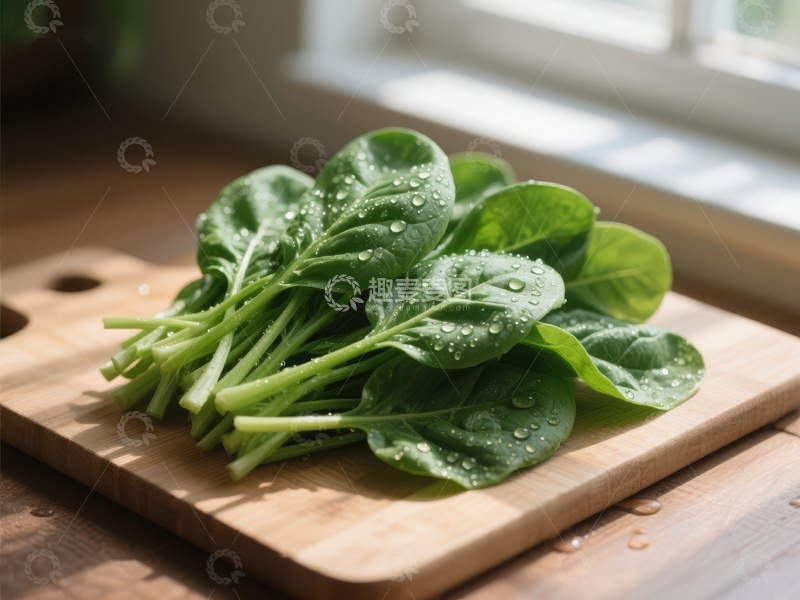 高清大图下载【趣麦麦图】新鲜菠菜置于木质砧板上