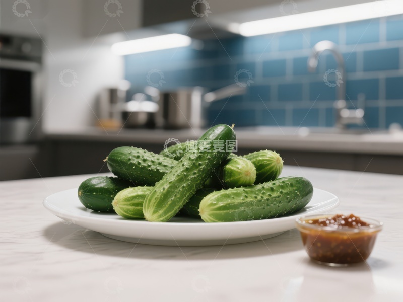 高清大图下载【趣麦麦图】厨房台面上的黄瓜与酱料