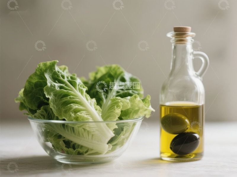 高清大图下载【趣麦麦图】新鲜生菜与橄榄油瓶