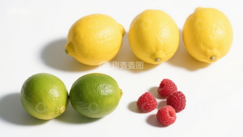 高清大图下载【趣麦麦图】柠檬、青柠与覆盆子的色彩对比