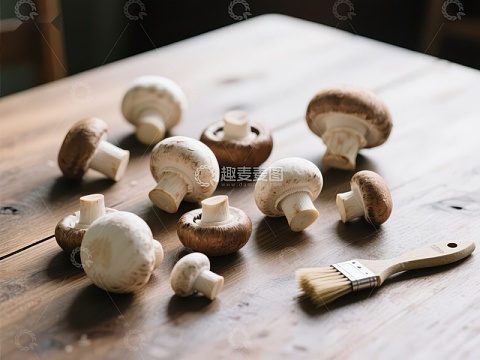 新鲜蘑菇与刷子置于木质桌面