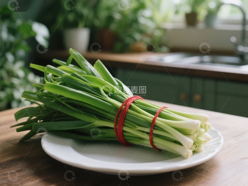 高清大图下载【趣麦麦图】新鲜葱束置于厨房台面