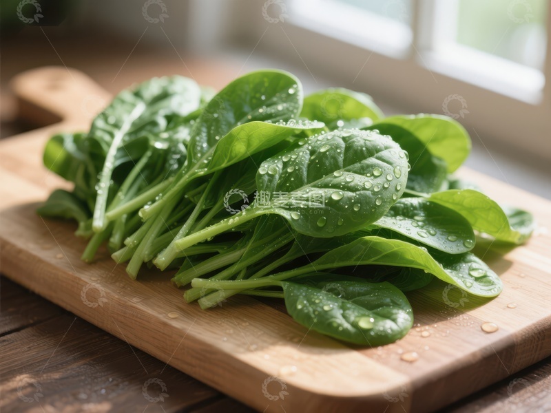高清大图下载【趣麦麦图】新鲜菠菜置于木质砧板上