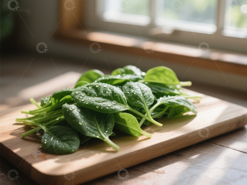 高清大图下载【趣麦麦图】新鲜菠菜置于木质砧板上