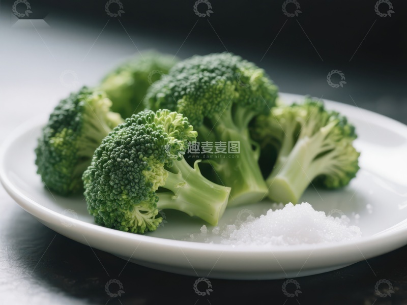 高清大图下载【趣麦麦图】盘中新鲜西兰花配粗盐