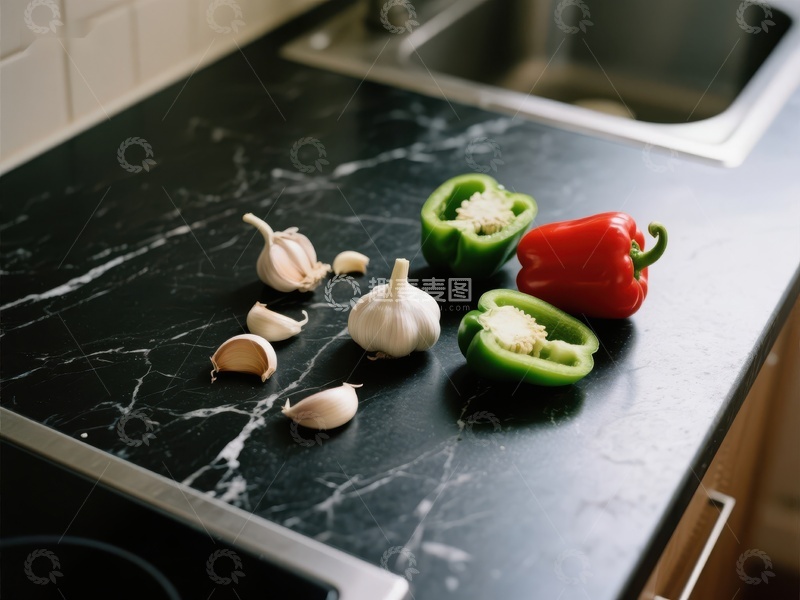 高清大图下载【趣麦麦图】厨房台面上的彩椒与大蒜