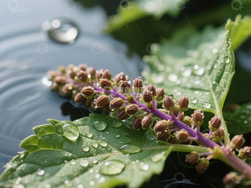高清大图下载【趣麦麦图】水滴轻触绿叶与花蕾