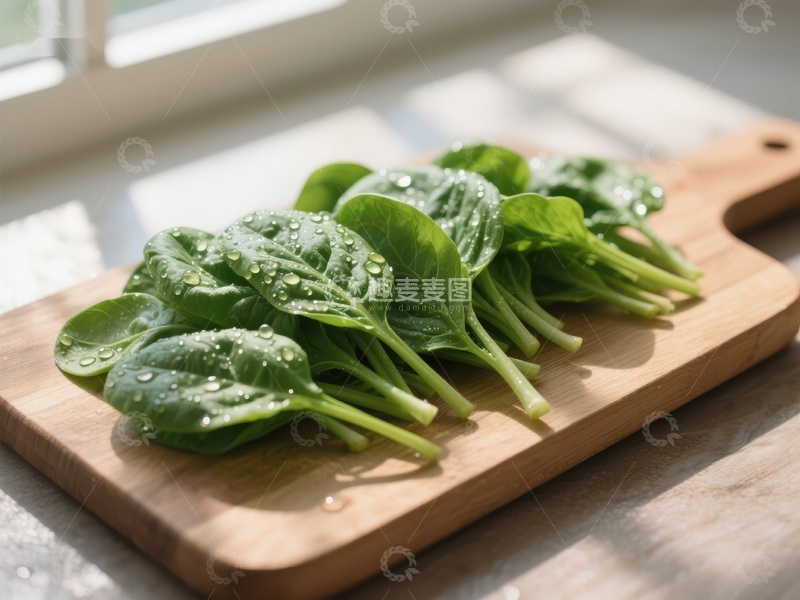 高清大图下载【趣麦麦图】新鲜菠菜置于木质砧板上