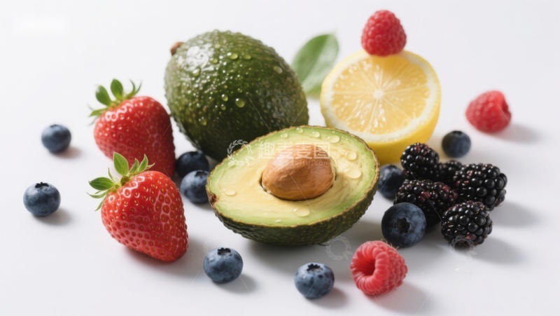 高清大图下载【趣麦麦图】新鲜水果组合：牛油果、草莓与浆果